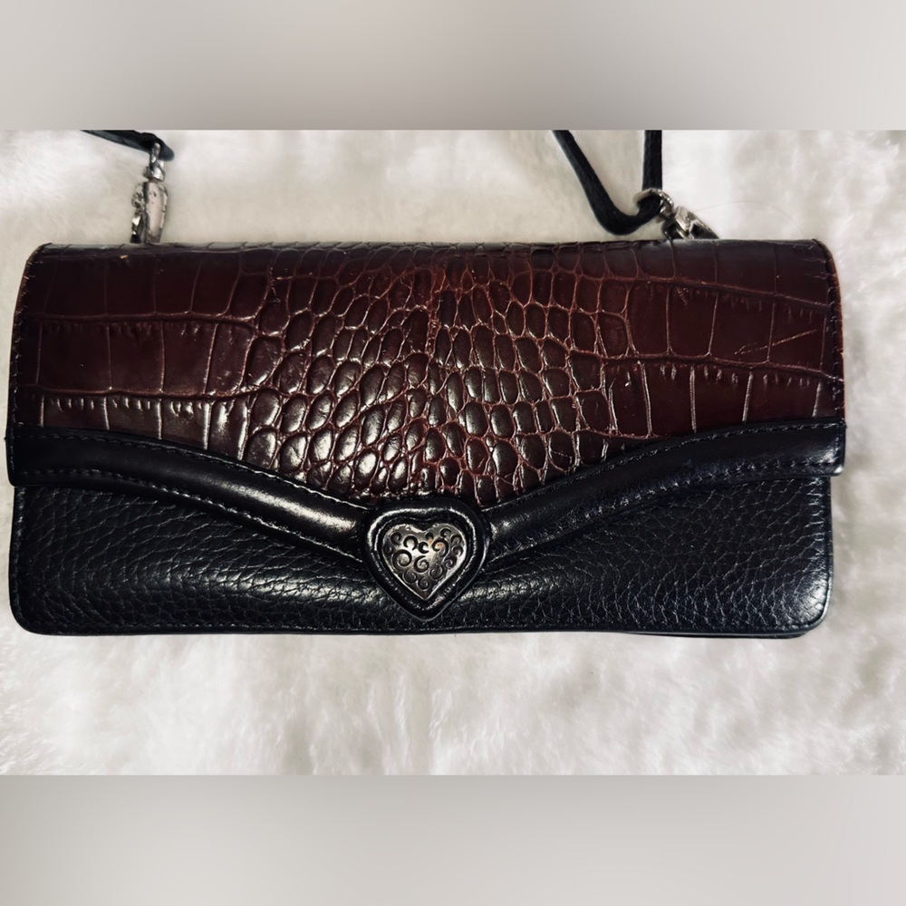 Brighton Elegant Black and Brown Croc-Embossed silver heart crossbody